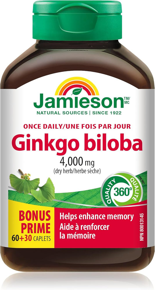 Jamieson Ginko Biloba 4,000 mg, Helps Enhance Cognitive Function, Improve Memory, and Supports Peripheral Circulation. Vegetarian, Gluten-Free, 90 Count