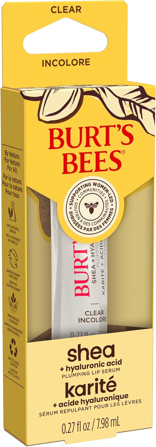 Burt's Bees 丰唇精华，蕴含 100% 天然乳木果油 + 透明质酸 | 丰唇膏，令双唇柔软亮泽 | 1 支装 - 透明