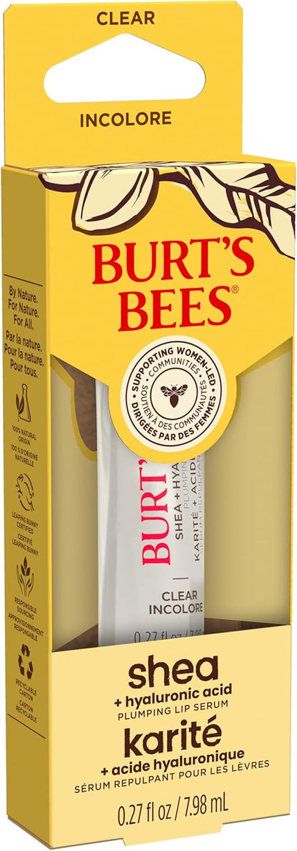 Burt's Bees 丰唇精华，蕴含 100% 天然乳木果油 + 透明质酸 | 丰唇膏，令双唇柔软亮泽 | 1 支装 - 透明