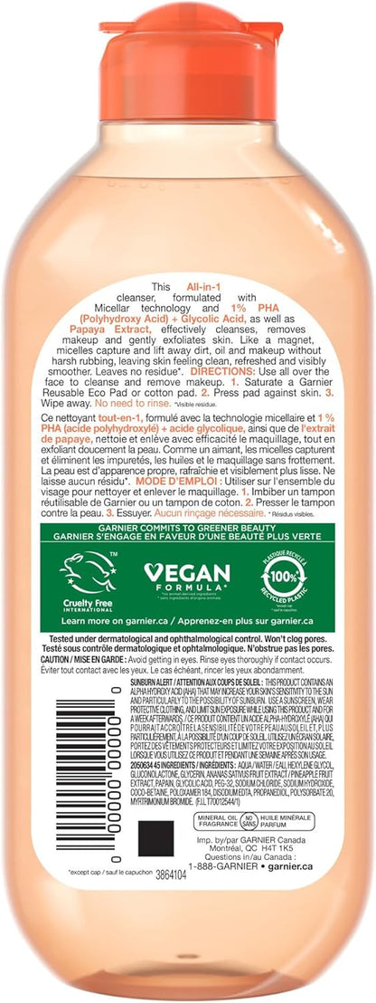 Garnier Gentle Peeling Micellar Water and Face Cleanser, with 1% PHA and Glycolic Acid, Face Exfoliant, Facial Cleanser and Makeup Remover, 400ml