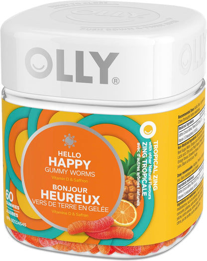 OLLY Hello Happy Gummy Worm 补充维生素热带风味和维生素 D 和每日能量软糖补充剂的混合物 100% 无咖啡因能量维生素热带激情混合物