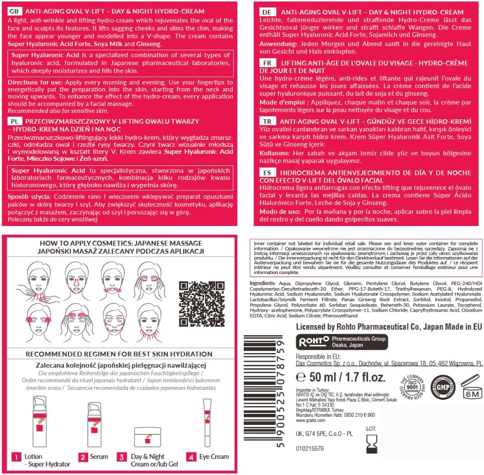 Hada Labo Tokyo Anti-Aging Oval V-Lift Hydro Cream – Face Moisturizer with Super Hyaluronic Acid, Soya Milk, and Ginseng for Firming, Hydrating, and Rejuvenating Effects - Fragrance Free