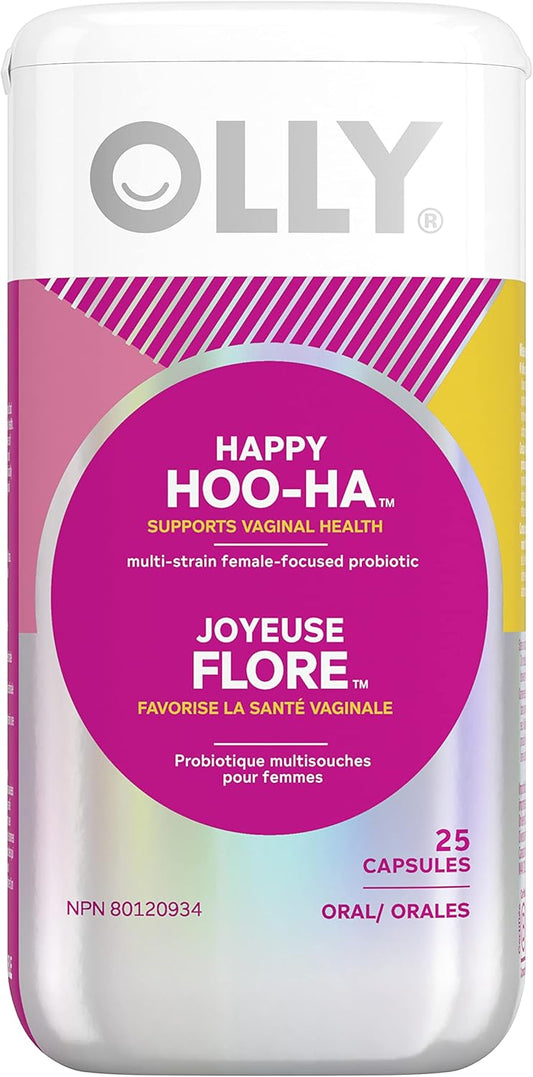 OLLY Supplement Capsules gluten free multi-strain female-focused probiotic supplement Happy HOO-HA supports vaginal health 25 capsules