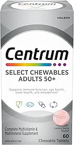 Centrum 成人精選基本複合維生素，適合 50 歲以上男性和女性，咀嚼片複合維生素/礦物質補充劑，檸檬漿果味，60 片咀嚼片（包裝可能有所不同）