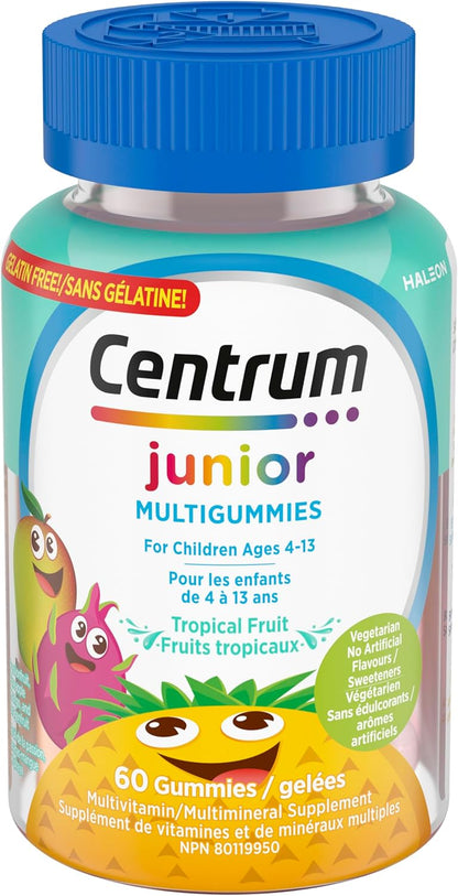 Centrum Junior 热带水果复合维生素矿物质补充剂，菠萝芒果、火龙果、百香果口味，60 粒