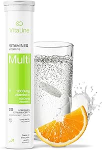 Vitaline 每日多種維生素補充劑，含 1000 毫克維生素 C 和生物素，適合男性和女性 - 維生素 A、D、E、B1、B5、B12、B6、葉酸和菸鹼酸 - 橙味，20 片泡騰片
