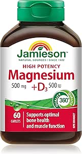 Jamieson 強效鎂錠 500 毫克，含 500 國際單位維生素 D3，高吸收率，5 種鎂源，支持骨骼健康和肌肉功能。素食，非基因改造，無麩質，60 粒膠囊，加拿大製造