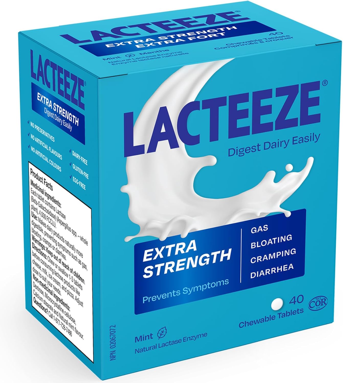 Lacteeze 強效乳糖酶 – 40 粒咀嚼膠囊 – 快速緩解乳製品引起的不適，促進乳糖消化