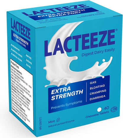 Lacteeze 強效乳糖酶 – 40 粒咀嚼膠囊 – 快速緩解乳製品引起的不適，促進乳糖消化
