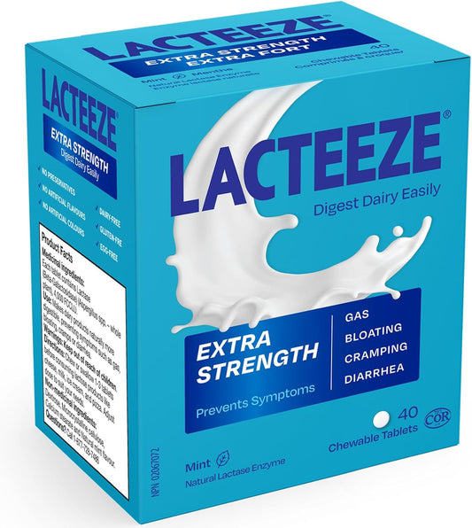Lacteeze Extra Strength Lactase Enzyme – 40 Chewable Capsules – Fast Relief from Dairy Discomfort, Supports Lactose Digestion