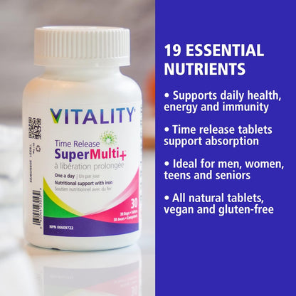 VITALITY 女士高效复合维生素 - 每日一片，缓释维生素和矿物质，铁、碘、B 族维生素 C、钙、镁和维生素 D3，能量、骨骼和免疫支持，30 片