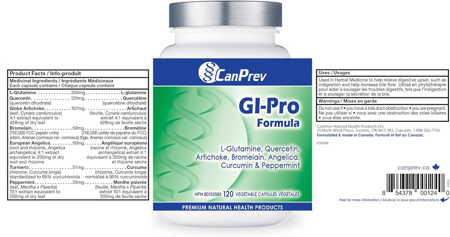CanPrev GI-Pro 配方，120 粒素食胶囊，20 天用量，含 L-谷氨酰胺、槲皮素、朝鲜蓟、当归、菠萝蛋白酶、姜黄素和薄荷 - 支持消化舒适和整体肠道健康