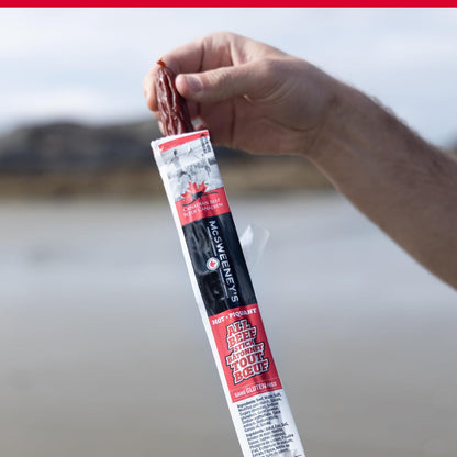 McSweeney's Hot All Beef Meat Stick Box. 100% Made in Canada, High Protein Snacks, Low Carb, Gluten Free, Low Fat, Meat Snacks, Naturally Smoked, Shelf Stable, Bulk Case 50g (Pack of 16)