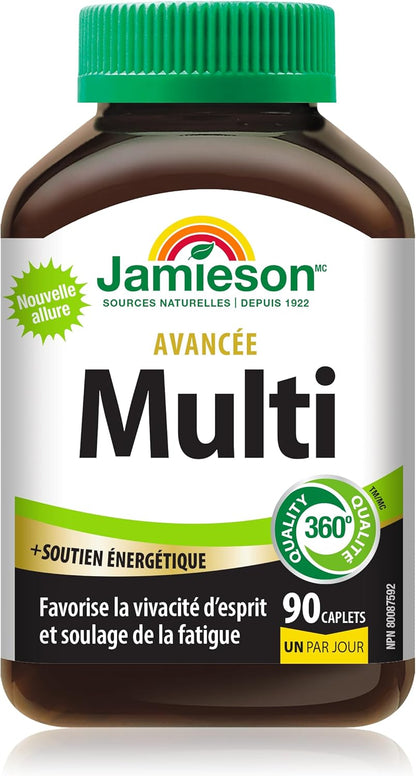 Jamieson 高级复合维生素，能量补充，含 100 毫克天然咖啡因，支持免疫健康和整体健康。100% 完整维生素，含维生素 B12、锌、钙和镁，素食，每份一份……