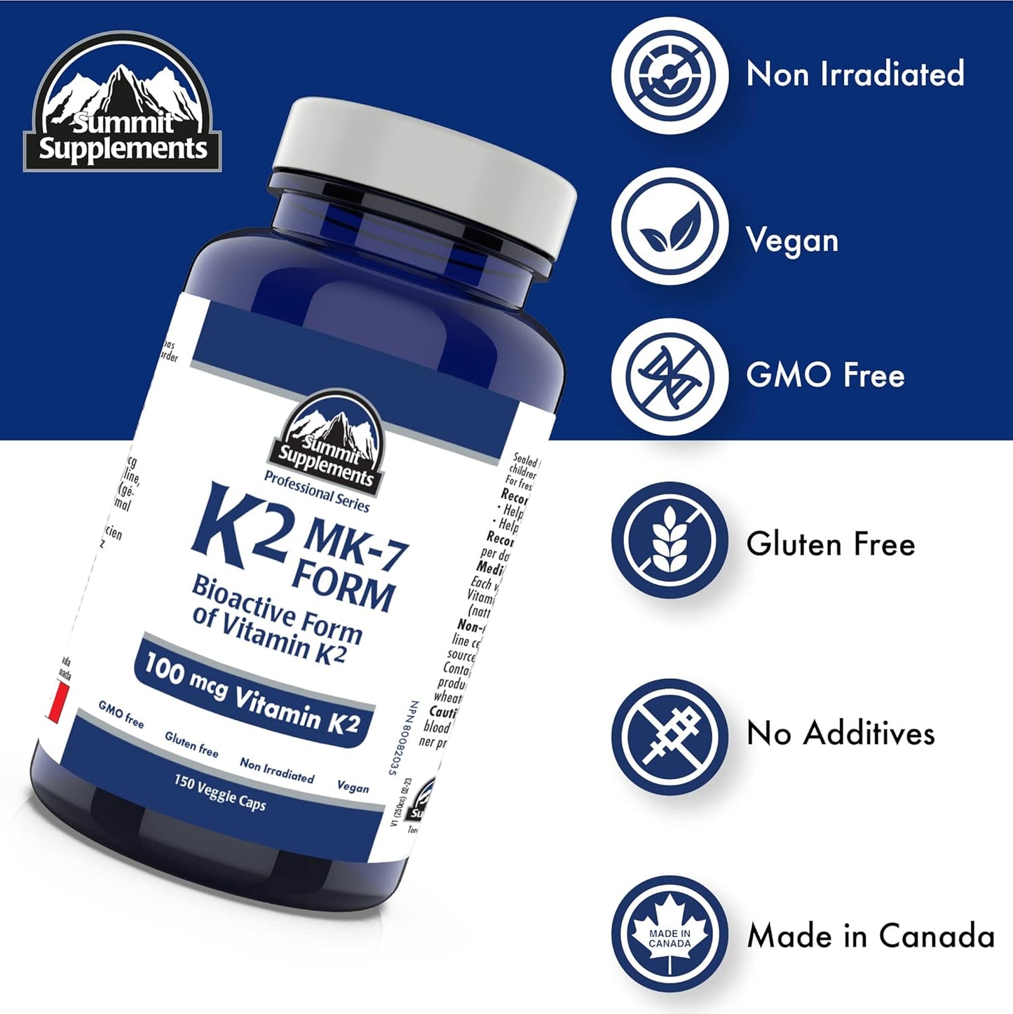 Vitamin K2 MK-7 100mcg, 150 Veggie Capsules, 150-Day Supply, Bioavailable Vitamin K2 Supplement for Bone Strength & Cardiovascular Support, Vegan, GMO & Gluten Free, Proudly Canadian, Plastic Negative