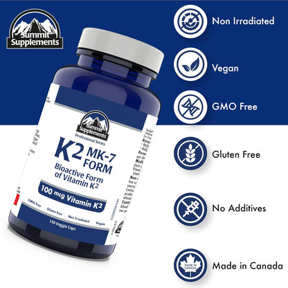 Vitamin K2 MK-7 100mcg, 150 Veggie Capsules, 150-Day Supply, Bioavailable Vitamin K2 Supplement for Bone Strength & Cardiovascular Support, Vegan, GMO & Gluten Free, Proudly Canadian, Plastic Negative