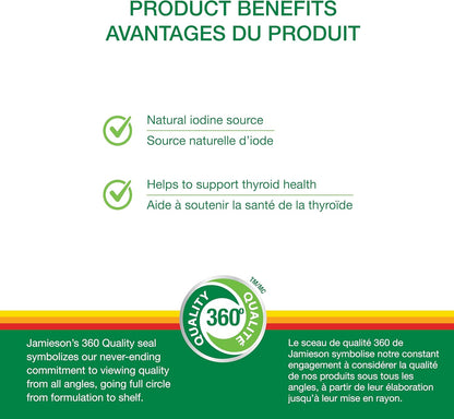 Jamieson 海帶片，650 微克碘的天然來源，有助於甲狀腺功能，並有助於維持健康。非基因改造，無麩質，100 片，加拿大製造