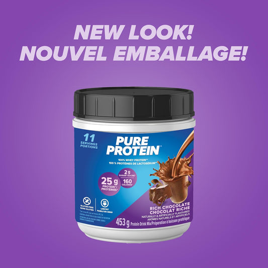 Pure Protein Whey Powder - High Protein (25 g/scoop), Low Sugar (2 g/scoop), Gluten Free - Fast-Acting Formula, Chocolate, 453g