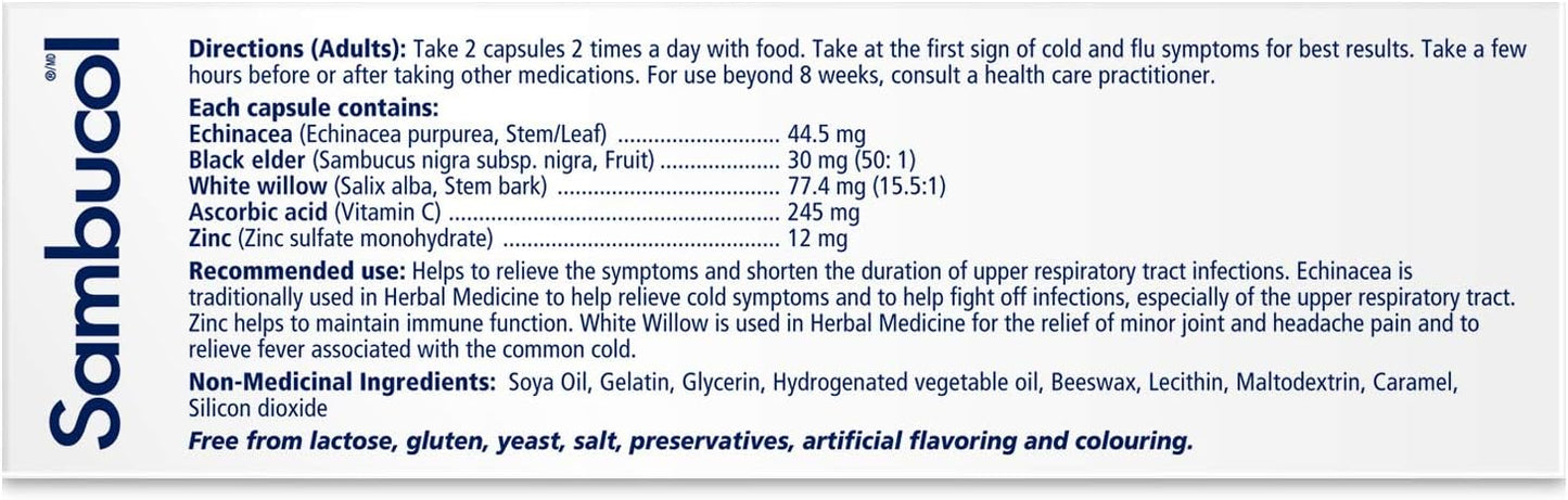 Sambucol Black Elderberry – Cold & Flu Relief | Echinacea, Zinc, Vitamin C & White Willow | Helps Relieve Congestion, Sore Throat, Coughs & Fatigue | Natural Health Product, For Adults | 24 Capsules