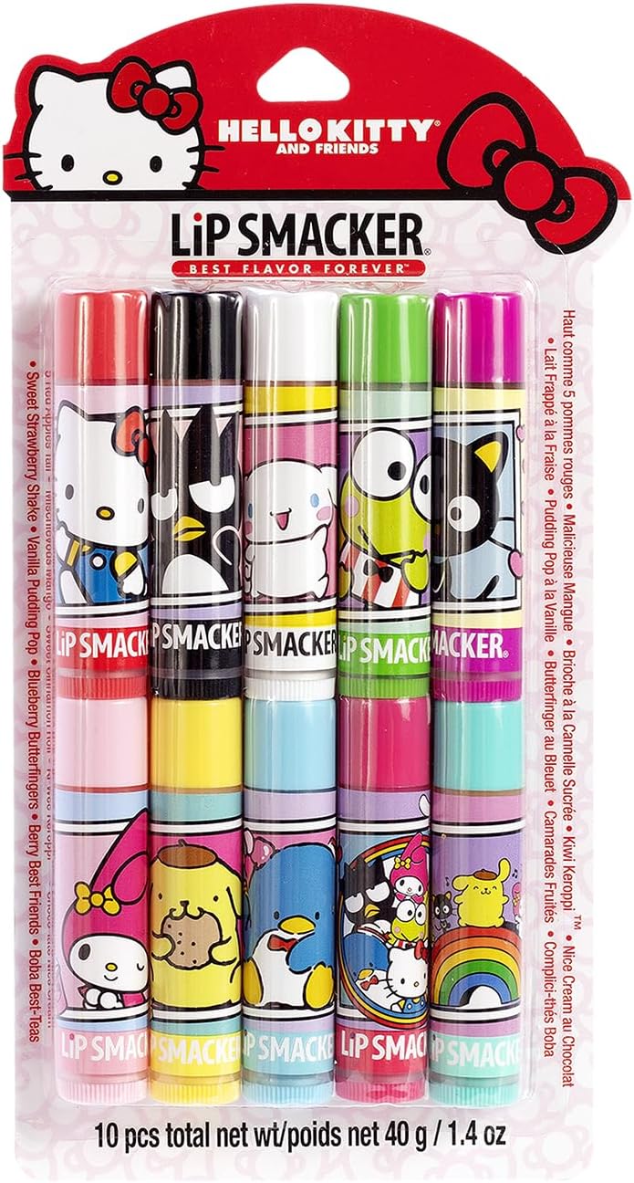 Lip Smacker Sanrio Hello Kitty 和朋友 10 片口味潤唇膏派對裝，透明啞光，適合兒童、男士、女士、乾燥嘴唇、My Melody、Little Twin Stars 和 Chococat