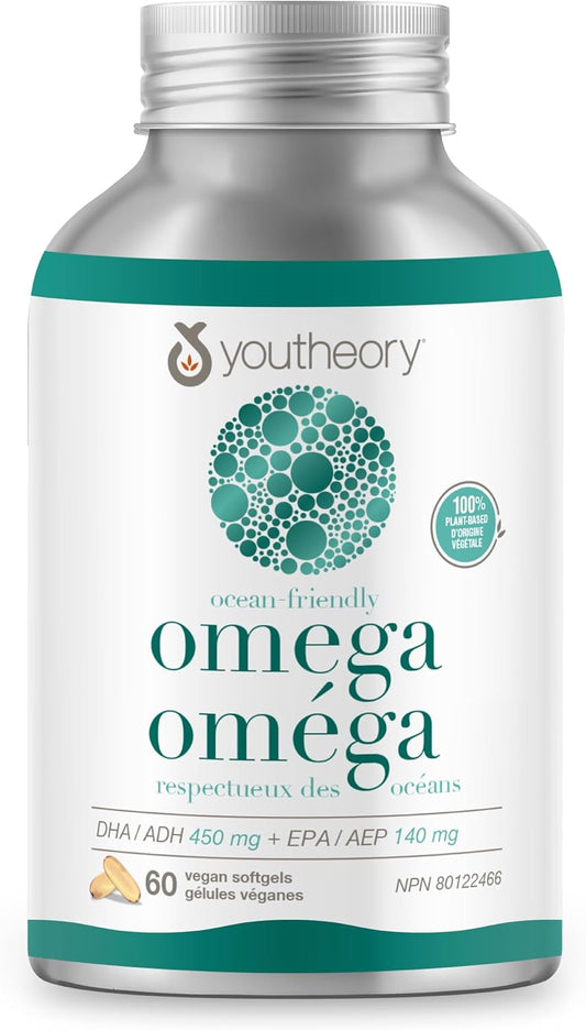 Youtheory 海洋友好型 Omega，植物基和纯素 Omega-3，支持大脑和心脏健康，60 粒纯素软胶囊