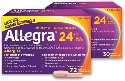 Allegra 24 小时抗过敏药，不引起嗜睡，快速有效的抗过敏药，用于缓解打喷嚏、流泪和喉咙发痒，盐酸非索非那定 120 毫克，102 片