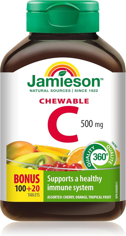 咀嚼片维生素 D3 1,000 IU - 异国热带水果口味，100 粒（1 包）和实验室维生素 C 咀嚼片 500 毫克，混合 3 种口味，120 粒