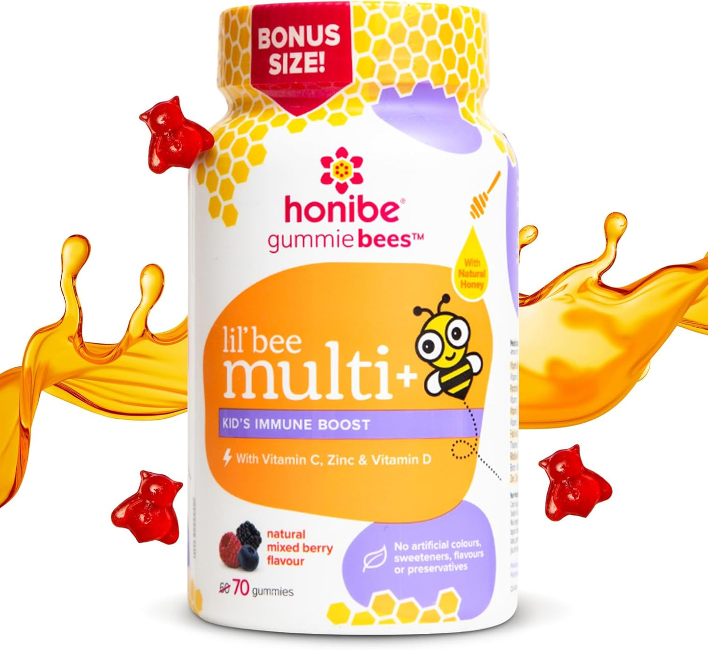 Honibe 儿童和成人维生素 D 软糖 | 加拿大制造的蜂蜜基维生素 & 儿童复合维生素软糖增强免疫力 | 加拿大制造的蜂蜜基维生素 | 70 粒软糖