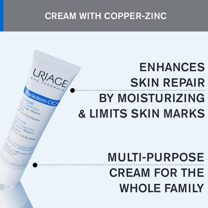Uriage Bariederm-CICA 銅鋅修復霜 - 多用途霜，可減少脆弱和受刺激皮膚的痕跡 - 適合全家人的臉部和身體保濕霜 - 100ml