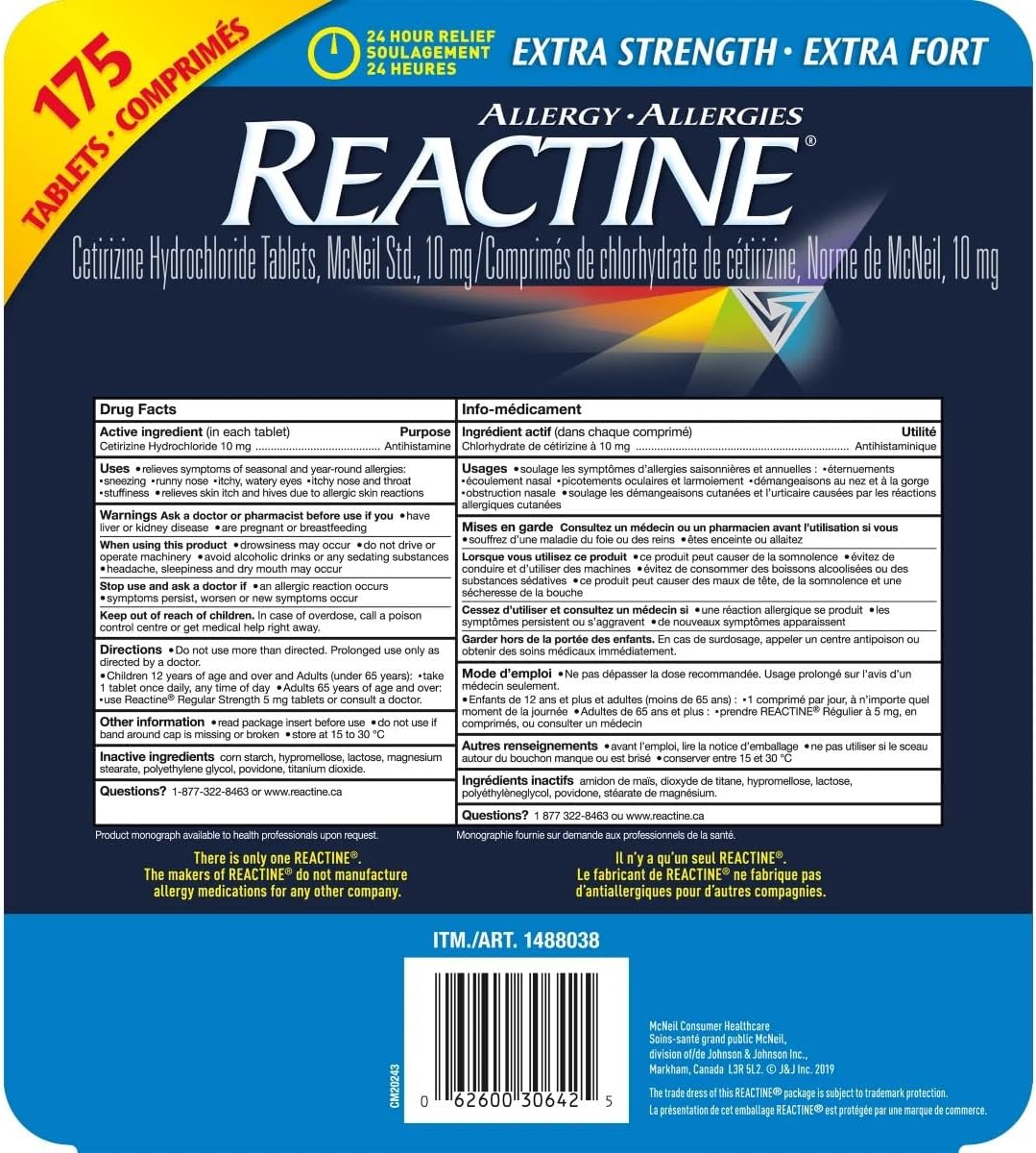 Reactine Extra Strength Antihistamine Tablets - 10mg Cetirizine Hydrochloride - 24 Hour Allergy Relief Medicine - 175 Count