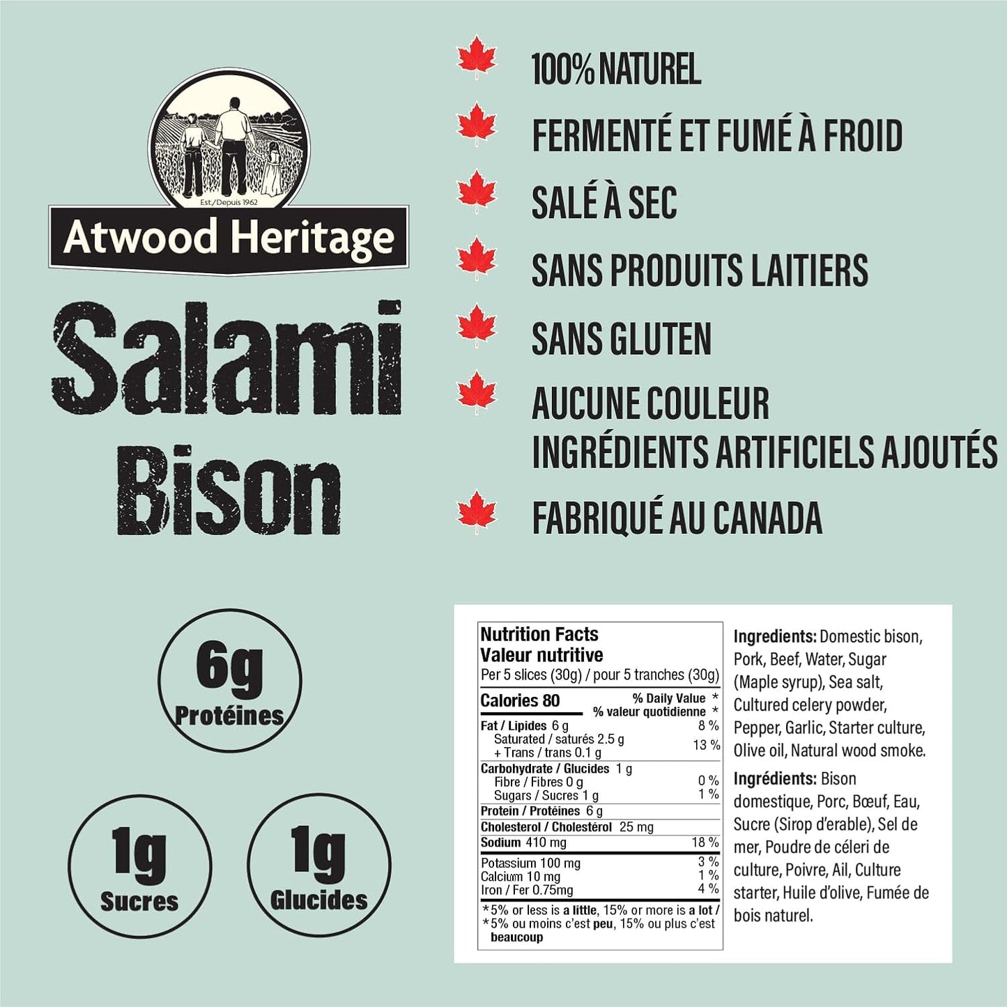 Atwood Heritage 野牛豬肉牛肉切片薩拉米香腸，125克，高蛋白，無麩質，無硝酸鹽，加拿大製造