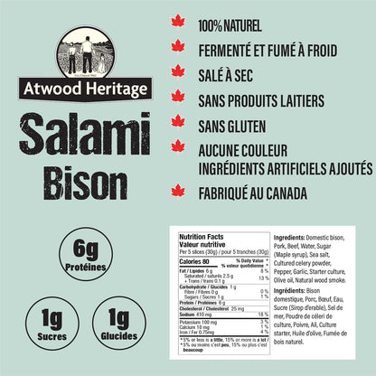 Atwood Heritage 野牛豬肉牛肉切片薩拉米香腸，125克，高蛋白，無麩質，無硝酸鹽，加拿大製造