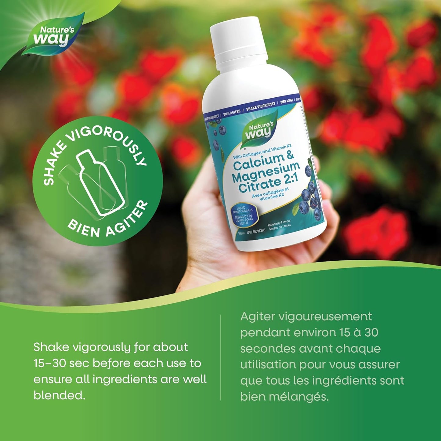 Nature's Way Calcium and Magnesium Citrate 2:1 - Liquid Supplement with Vitamin K2 and Collagen – Helps Support the Maintenance of Bones and Teeth – Blueberry Flavour, 500 mL