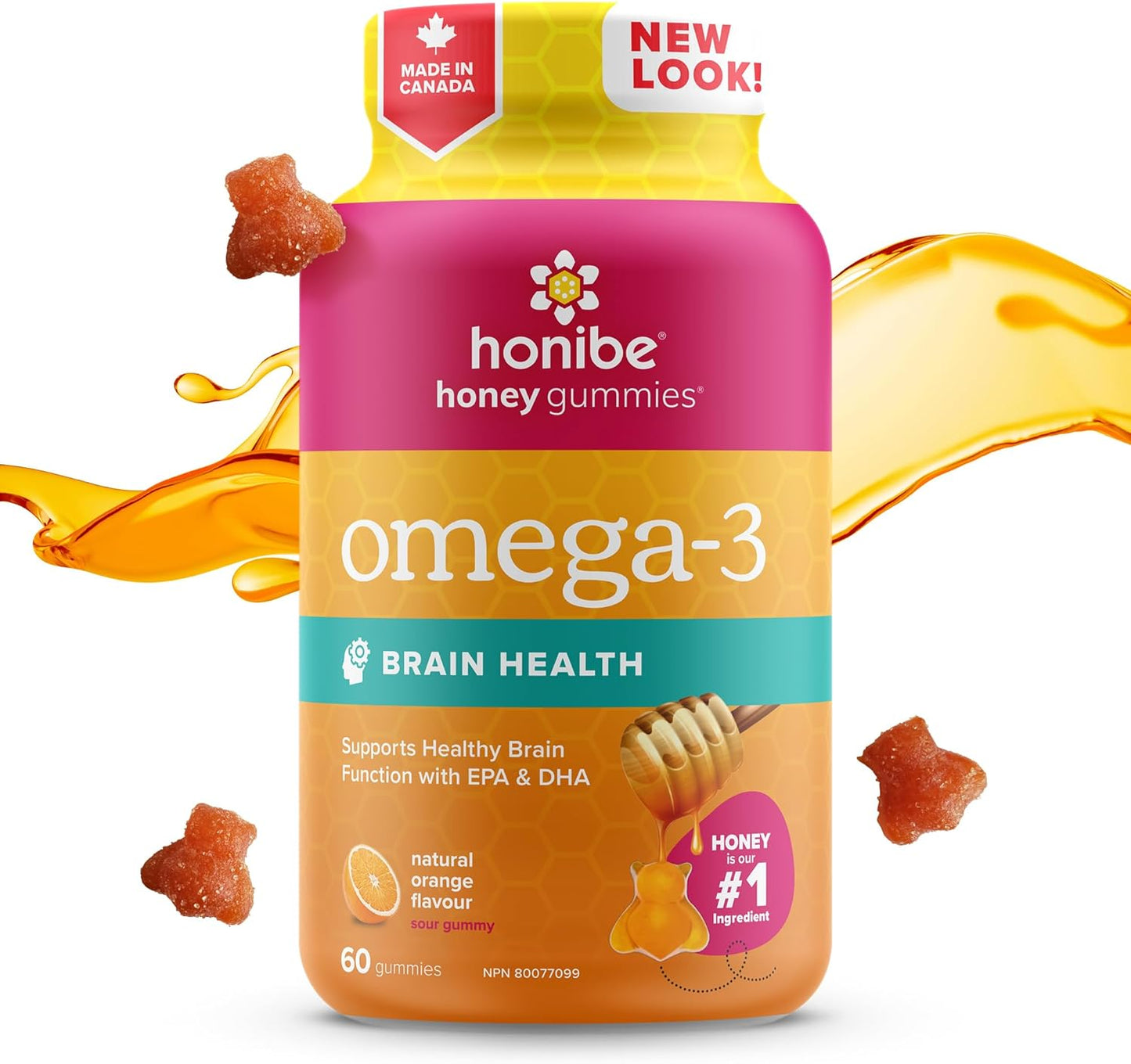 Honibe Omega 3 Gummies for Kids and Adults | Made in Canada | Supports Brain Health | Trusted Source of Omega-3 EPA & DHA Vitamins | Sustainably Sourced Fish Oil | No Fishy Taste | Omega 3 Fatty Acids | 60 Gummies