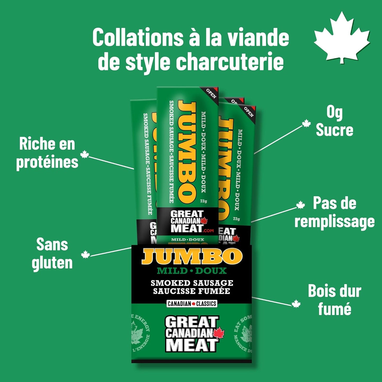 Mild Jumbo Smoked Sausages Locally Made & Hardwood Smoked, 10 x 72g Caddy of Meat Snacks by Great Canadian Meat, Gluten Free, High In Protein Meat Sticks, Sausage Pepperoni Sticks For Carnivores. MRE Perfect For Camping …