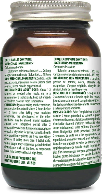 Flora Health Flor-Antacid - 用於緩解偶爾因消化不良和胃酸過多引起的胃灼熱和胃部不適 - 真正的薄荷油口味 - 90 片咀嚼片