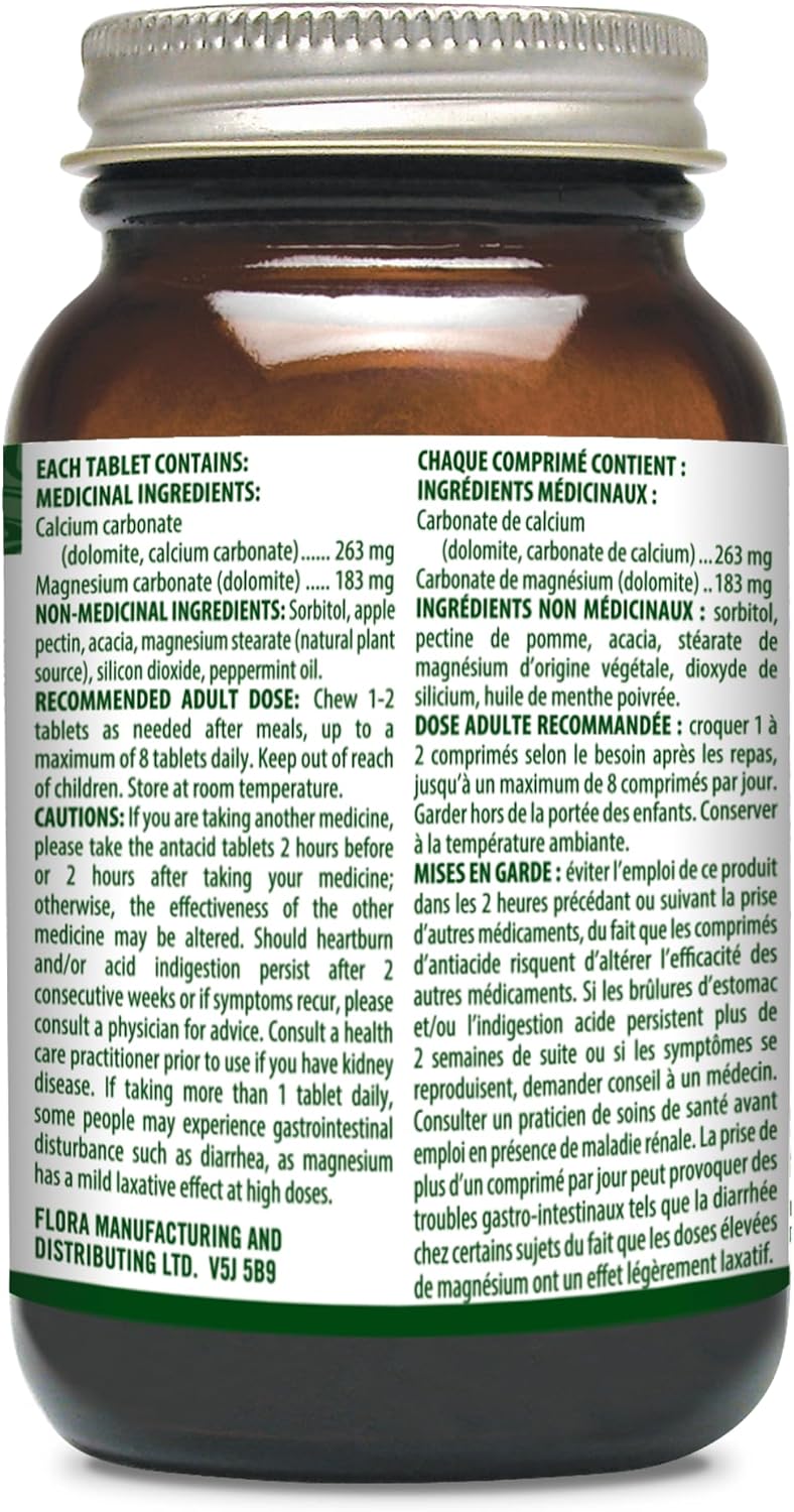 Flora Health Flor-Antacid - 用於緩解偶爾出現的胃灼熱和胃部不適，與消化不良和胃酸過多有關，真正的薄荷油口味，180 片咀嚼片