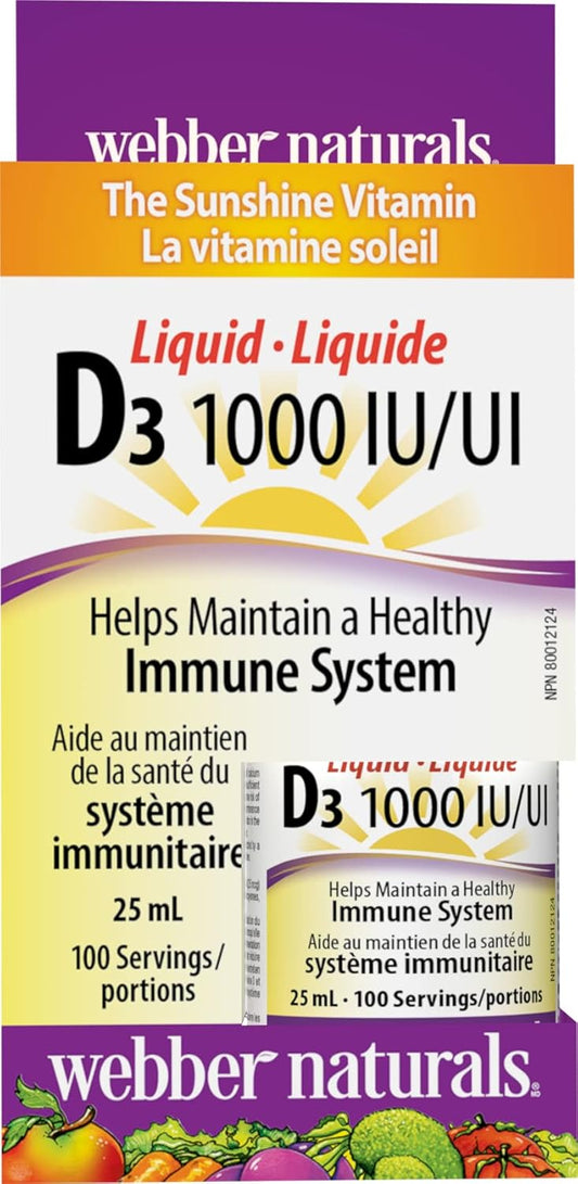 Webber Naturals Vitamin D3 1000 IU Liquid, 25 mL, For Healthy Bones, Teeth, and the Maintenance of Good Health