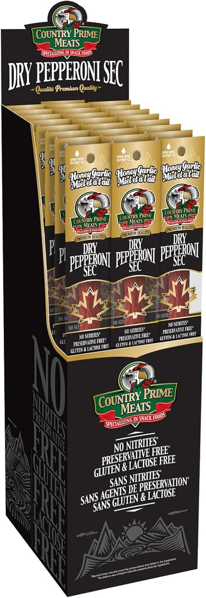 Country Prime Meats Honey Garlic Dry Cured Pepperoni Sticks. 100% Made In Canada. High Protein Snack. No Nitrites, No Artificial Flavours, Naturally Smoked, Gluten Free. 40g (Pack of 25)