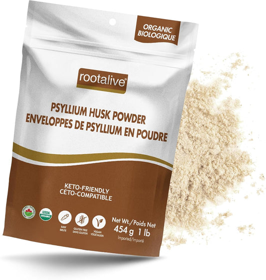 Rootalive Organic Psyllium Husk Powder 454g (1lb), Plant-Based Fibre for Digestive Support, Unflavored Superfood with Soluble & Insoluble Fibre, Vegan, Gluten-Free
