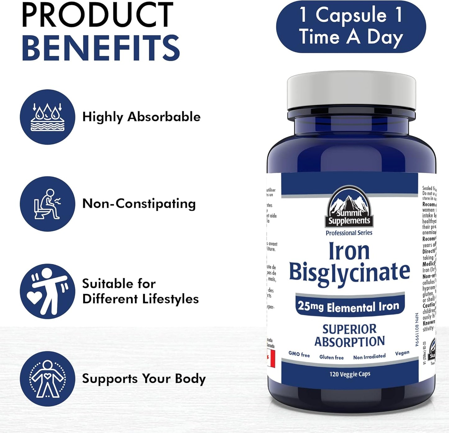 加拿大製造，抗塑膠污染 - 甘氨酸鐵補充劑，120粒素食膠囊，120天用量 - 25毫克元素鐵缺乏症補充劑 - 經第三方測試 - 加拿大配方和製造