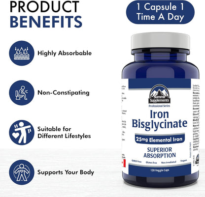 加拿大製造，抗塑膠污染 - 甘氨酸鐵補充劑，120粒素食膠囊，120天用量 - 25毫克元素鐵缺乏症補充劑 - 經第三方測試 - 加拿大配方和製造