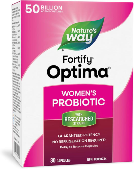 Nature's Way Optima 每日一次女性穩定益生菌膠囊，含 7 種益生菌菌株，500 億菌落形成單位，有效期保證，不含麩質和乳製品，30 粒膠囊