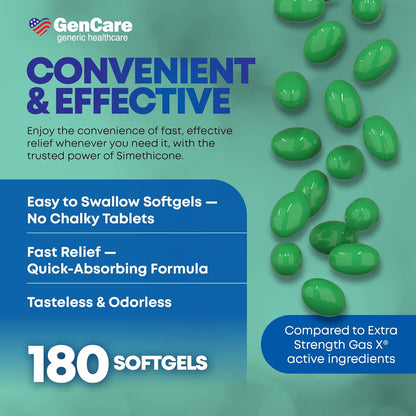 GenCare - 強效西甲矽油 125 毫克（180 粒軟膠囊）強效抗脹氣藥丸，可緩解腹脹、腹壓和不適 - 與通用強效脹氣藥 X 相比