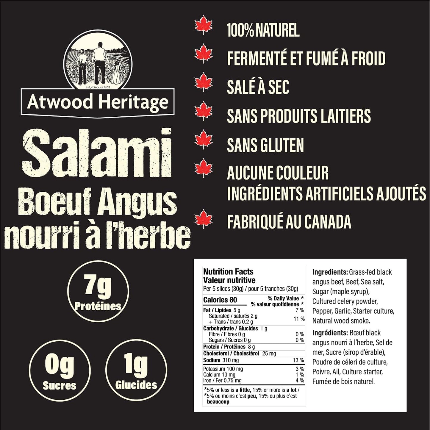 Atwood Heritage 草飼安格斯牛肉切片薩拉米香腸，125克，高蛋白，無麩質，無硝酸鹽，加拿大製造