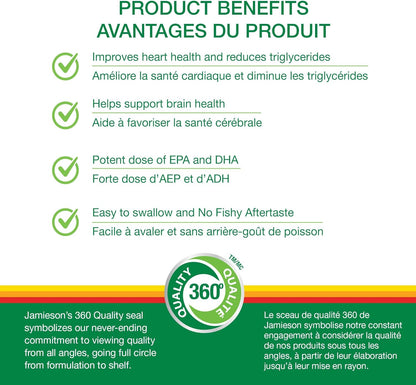 Jamieson Omega-3 迷你軟膠囊，無魚腥味，有益心臟健康，支持大腦健康。含 210 毫克 EPA 和 140 毫克 DHA，不打嗝，易吞嚥，無麩質，非基因改造，200 粒裝