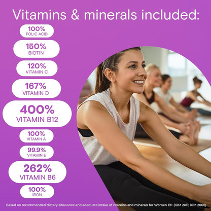 每日一片女性复合维生素 - 女性每日维生素 - 女士复合维生素，含维生素 A、维生素 C、维生素 D 和锌（用于免疫支持）、维生素 E、维生素 B12、生物素、钙、铁，90 片