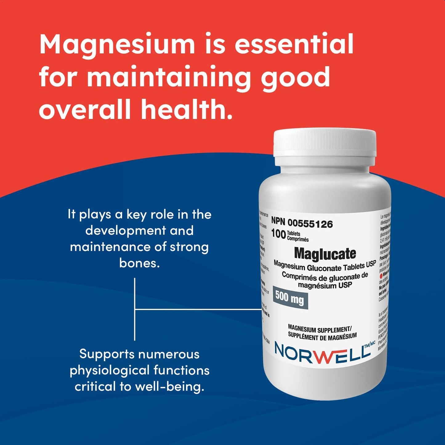 Maglucate，葡萄糖酸鎂每日劑量，促進整體健康，男女適用鎂補充劑，支持肌肉功能，500毫克，100片