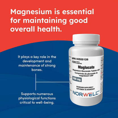 Maglucate，葡萄糖酸鎂每日劑量，促進整體健康，男女適用鎂補充劑，支持肌肉功能，500毫克，100片