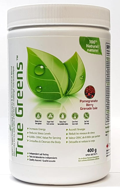 Alora Naturals - True Greens 超级食品粉，含石榴浆果风味，400 克 - 绿色混合超级食品补充剂，可增强能量、排毒和清洁身体 - 有助于提高运动表现